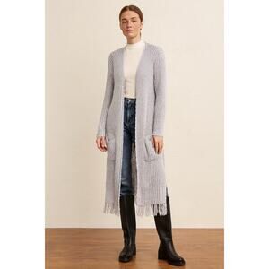 Womens POL Fringed Open Front Loose Knit Cardigan Duster Sweater Pockets Gray L